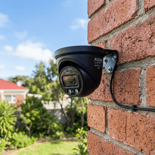 Weatherproof AI smart security camera installed on a residential brick wall in Cape Town.