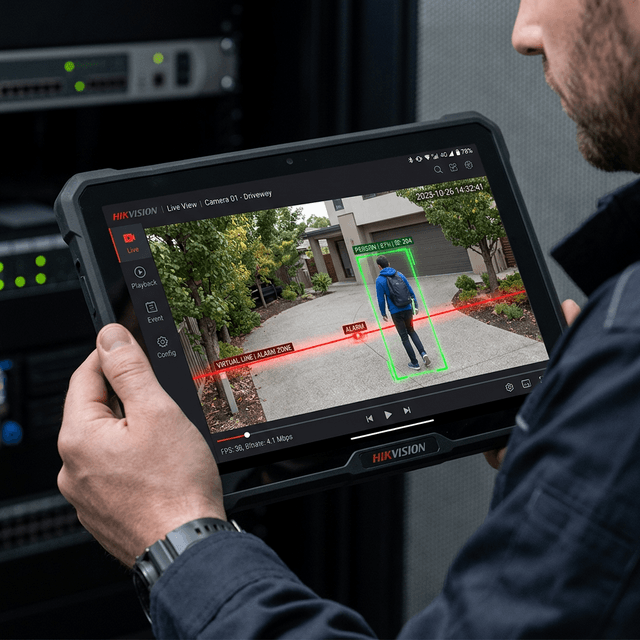 AI CCTV camera interface detecting a human crossing a virtual perimeter line in a Cape Town driveway.