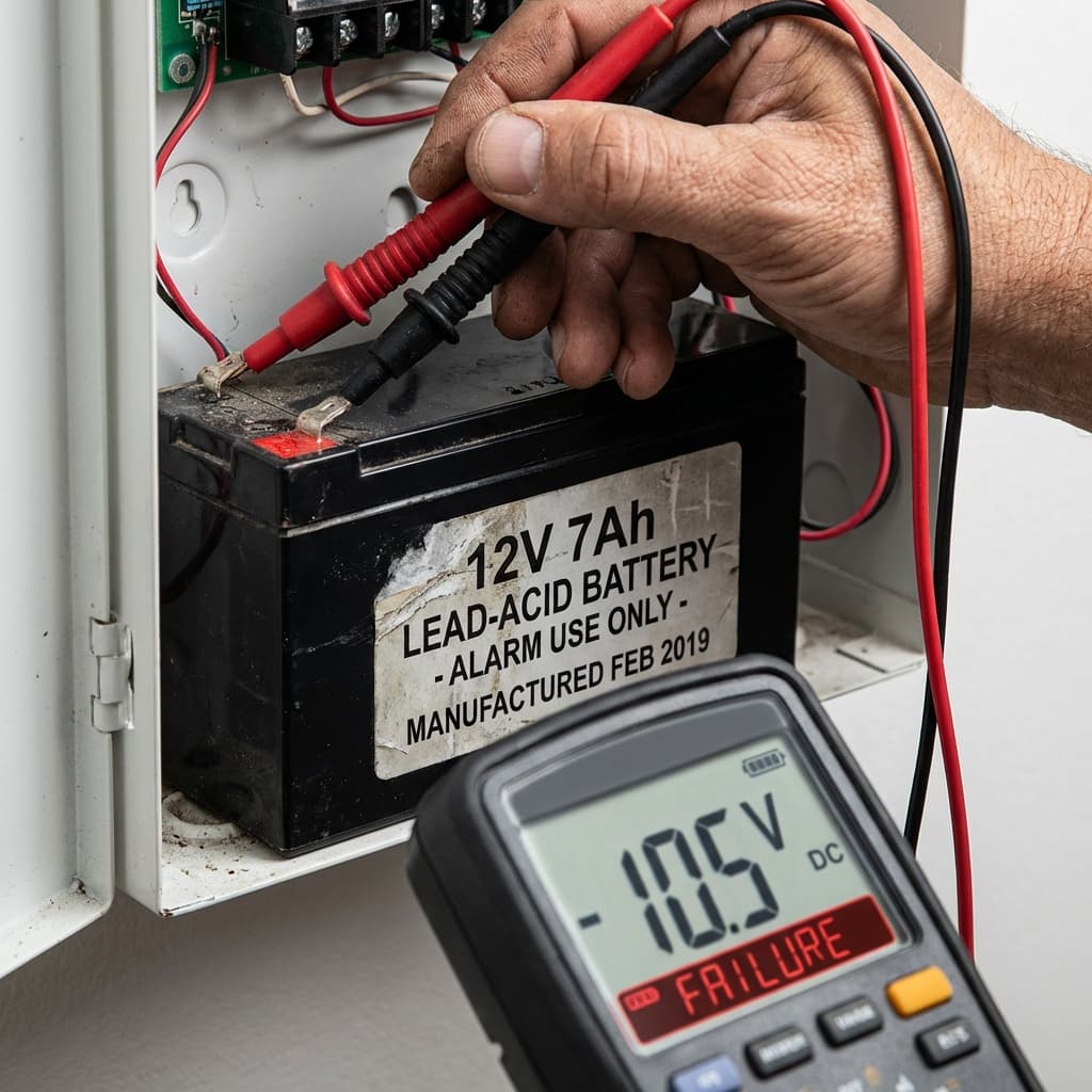 Technician testing a faulty 12V 7Ah alarm backup battery with a multimeter showing low voltage caused by frequent Cape Town load shedding, requiring immediate replacement.