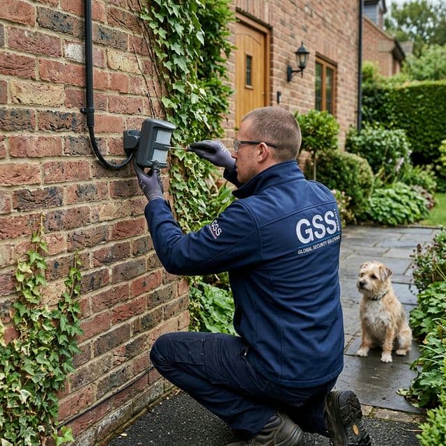 GSS technician installing a pet-friendly outdoor motion sensor in Durbanville