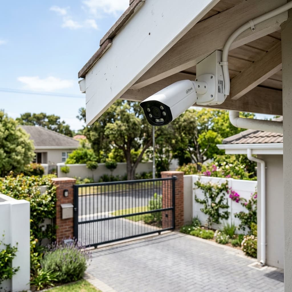 Weather-resistant outdoor CCTV camera installed for perimeter surveillance