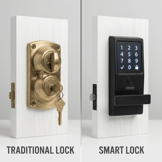 Comparison of a traditional deadbolt and a digital smart lock keypad.