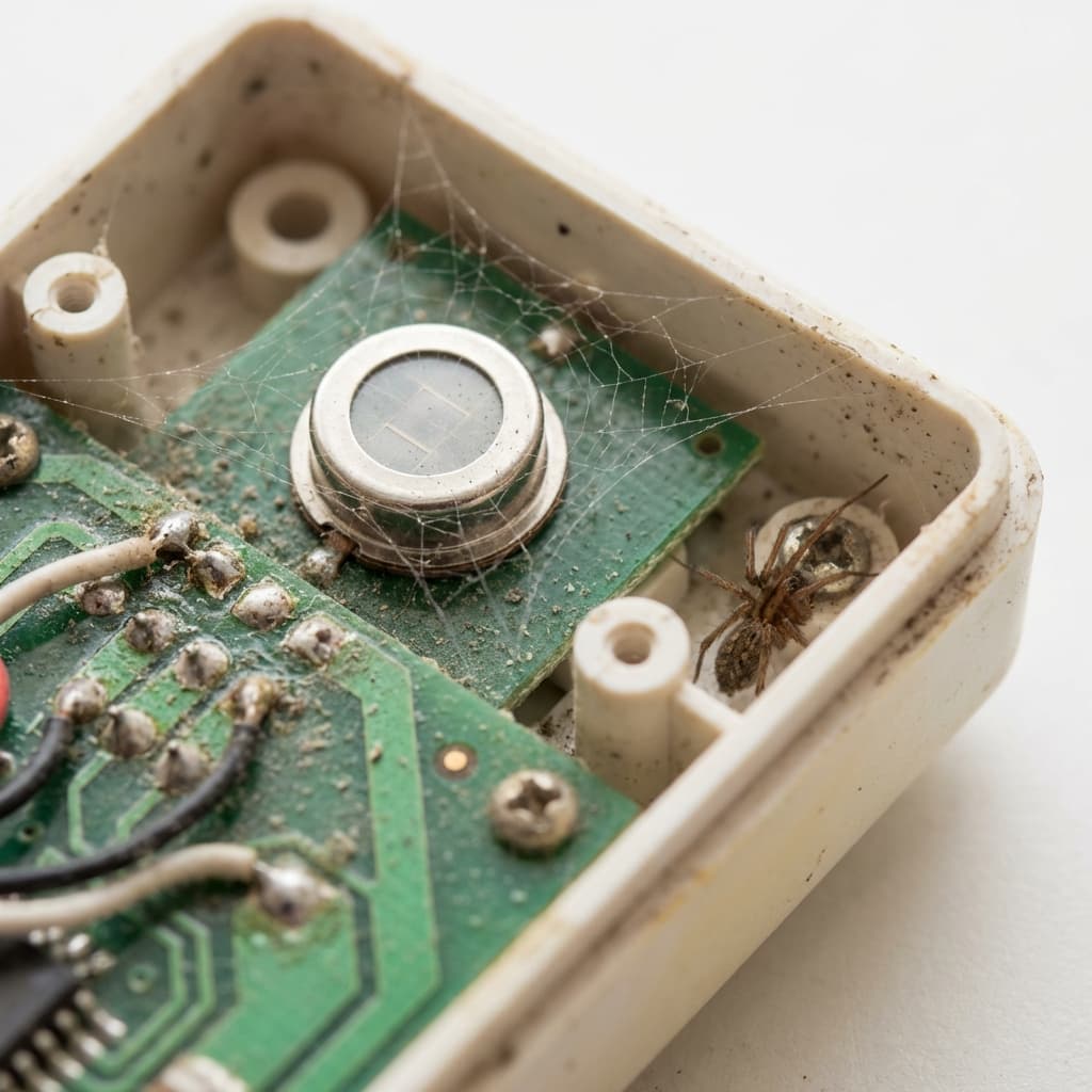 Internal view of a dirty PIR motion sensor circuit board covered in spider webs and dust, which is a common cause of false alarms in residential security systems.