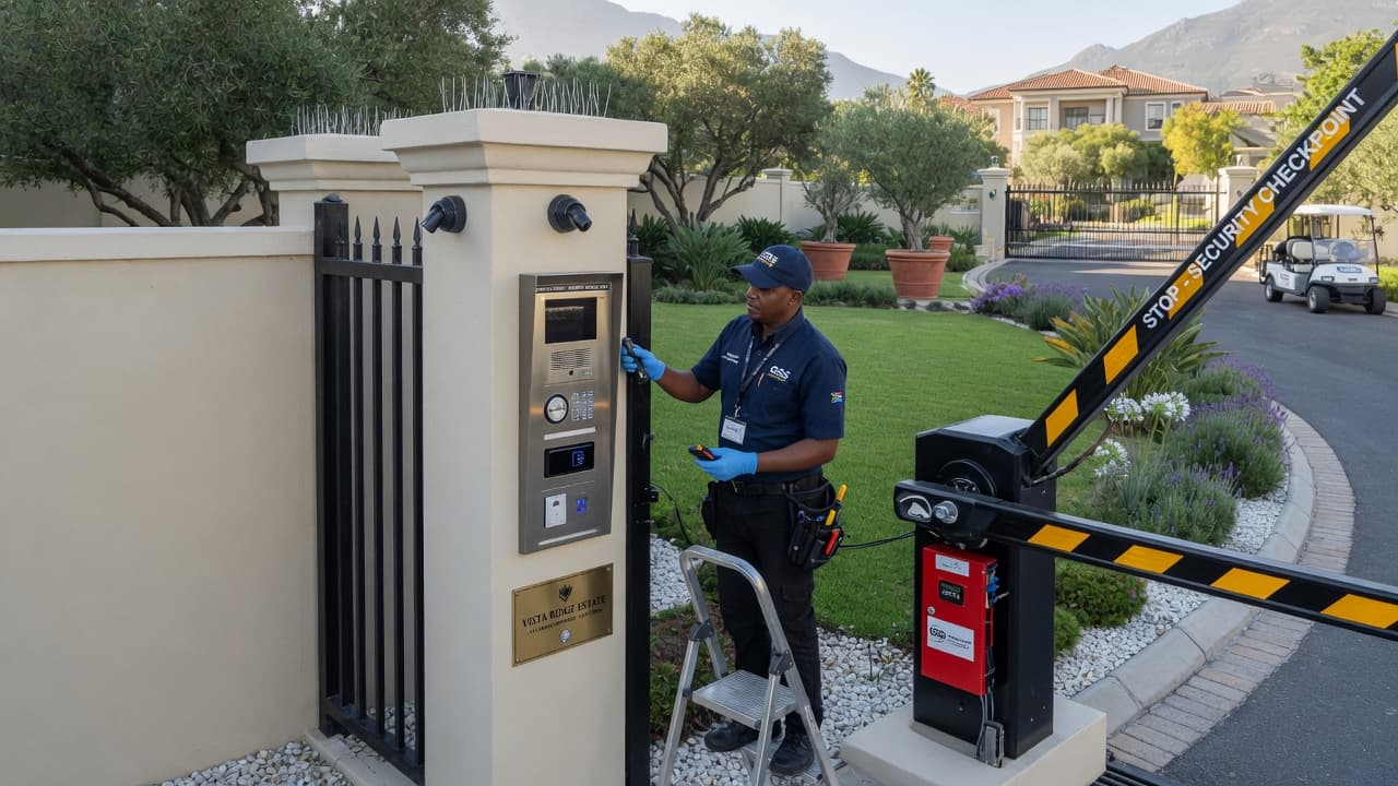 Residential estate entrance with boom gates and license plate recognition cameras