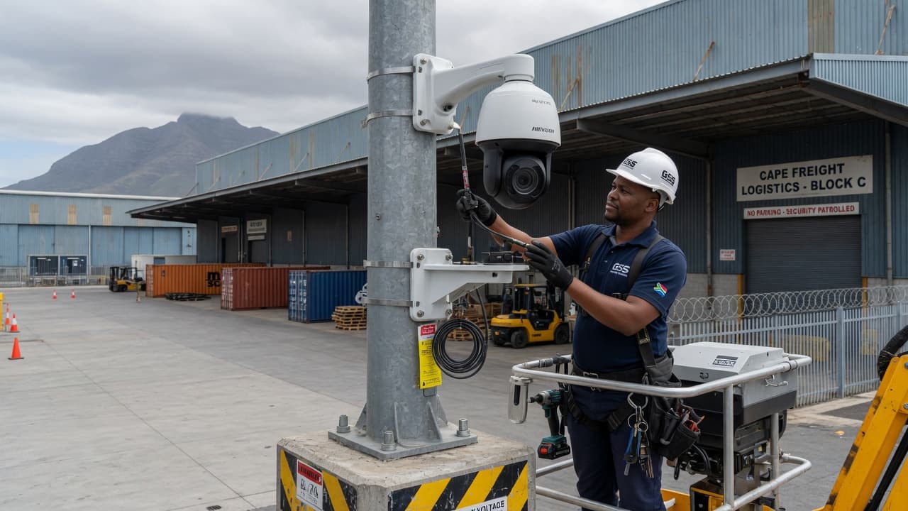 Industrial warehouse facility protected by high-voltage fencing and surveillance cameras