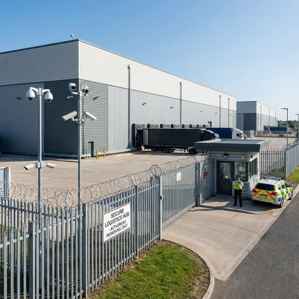 Industrial warehouse facility protected by high-voltage fencing and surveillance cameras