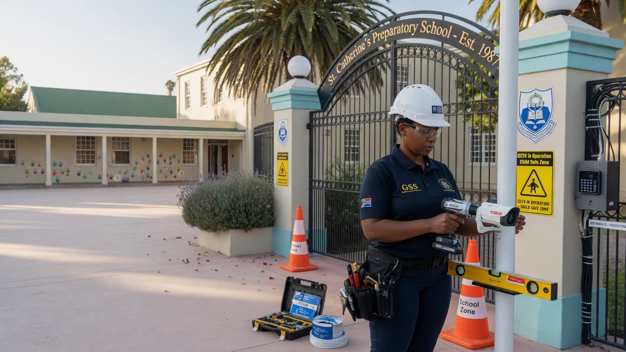 School campus entrance with extensive security fencing and monitoring systems