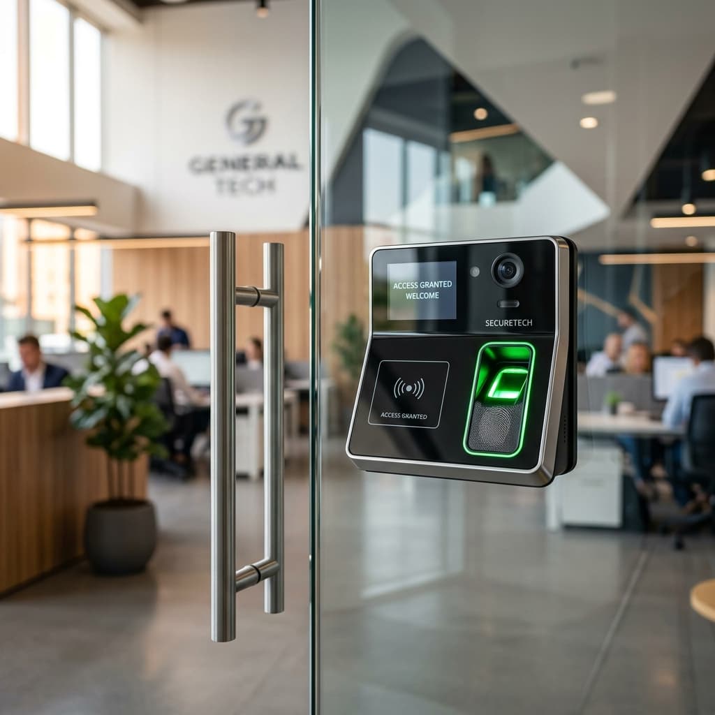 Biometric fingerprint access control reader installed at a secure office entrance