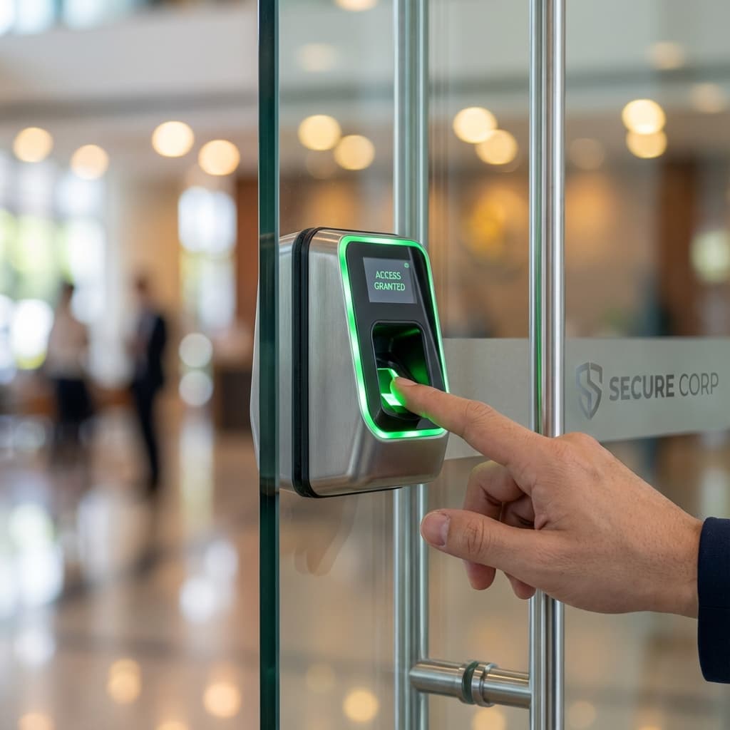 Biometric fingerprint access control reader installed at a secure office entrance