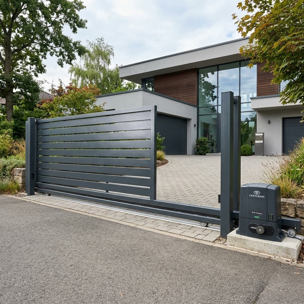 Centurion gate motor installation with anti-theft bracket on a sliding driveway gate