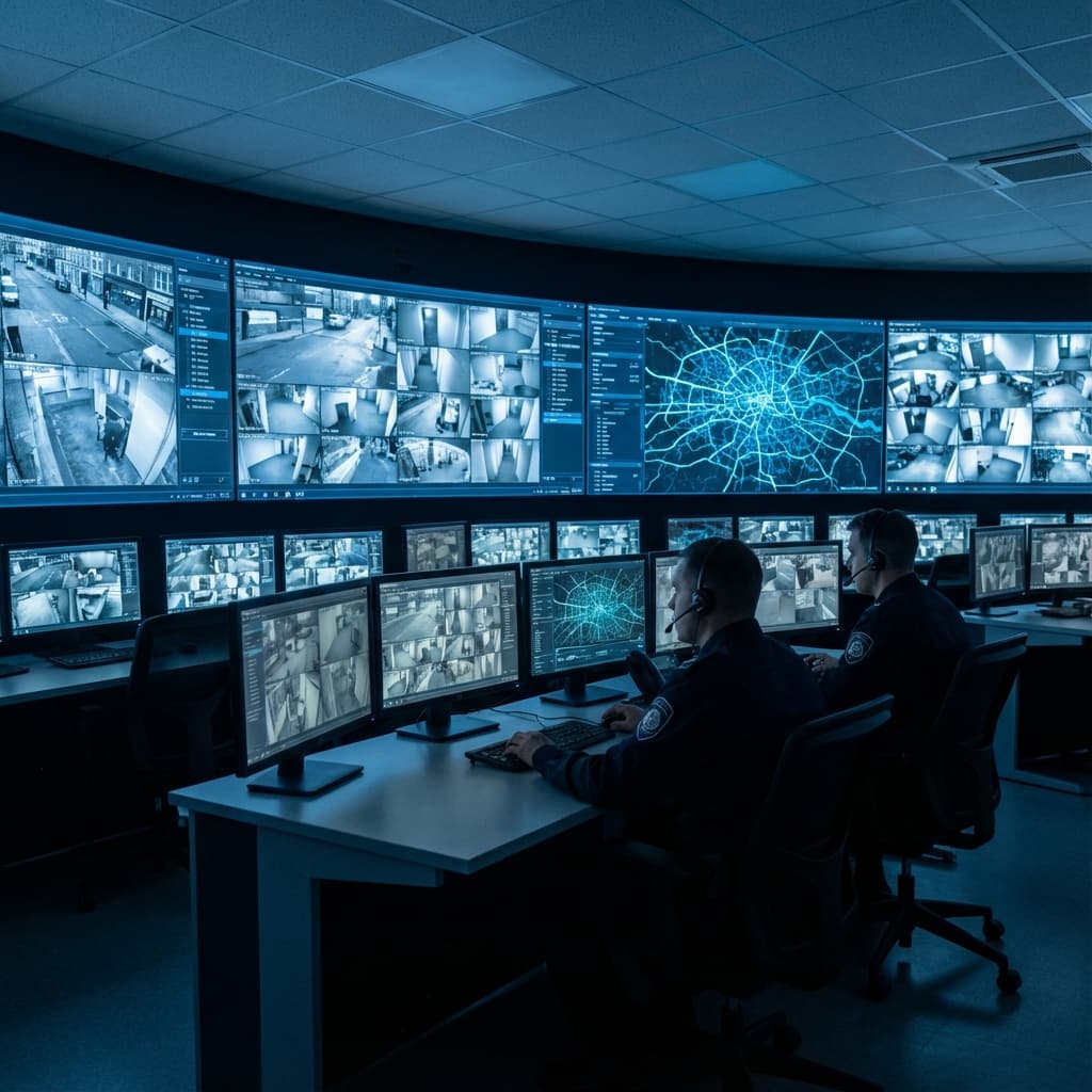 Integrated security control room showing CCTV feeds linked with alarm triggers