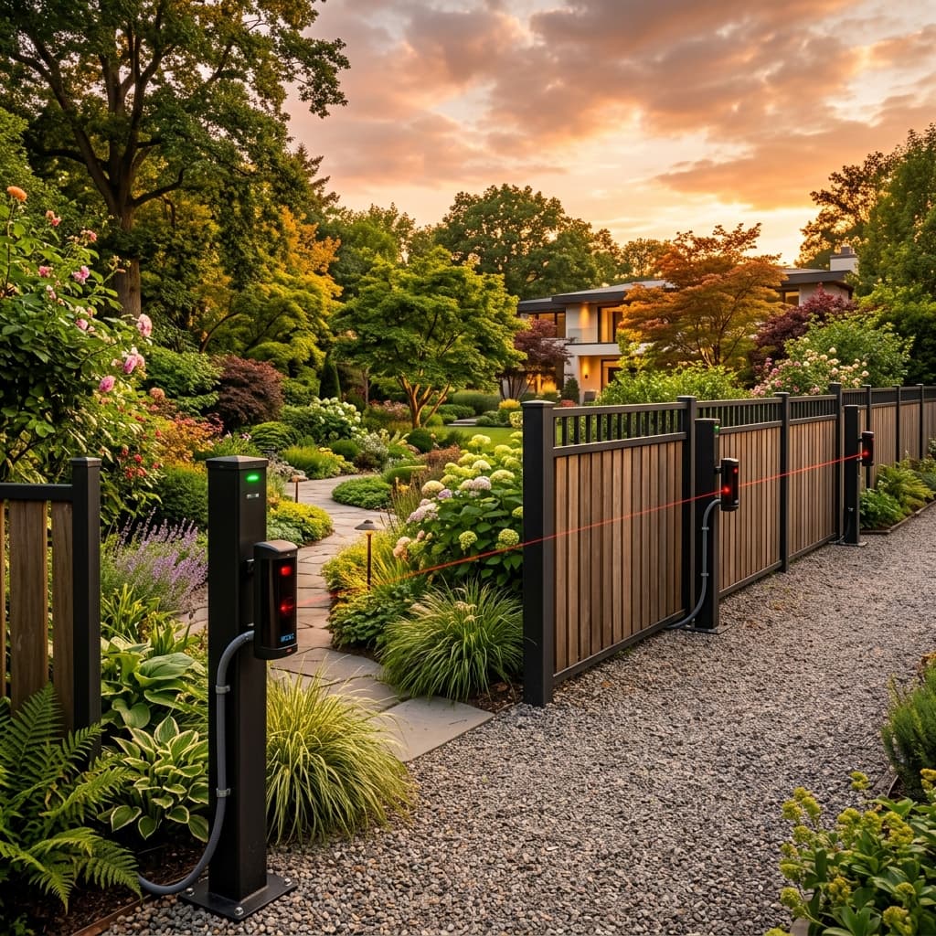 Outdoor security beams and motion sensors protecting a property garden perimeter
