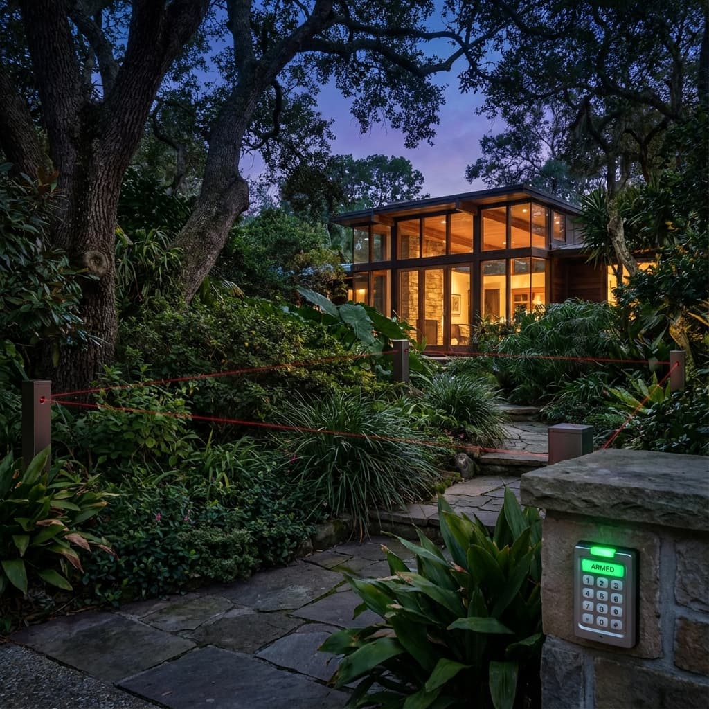 Outdoor security beams and motion sensors protecting a property garden perimeter