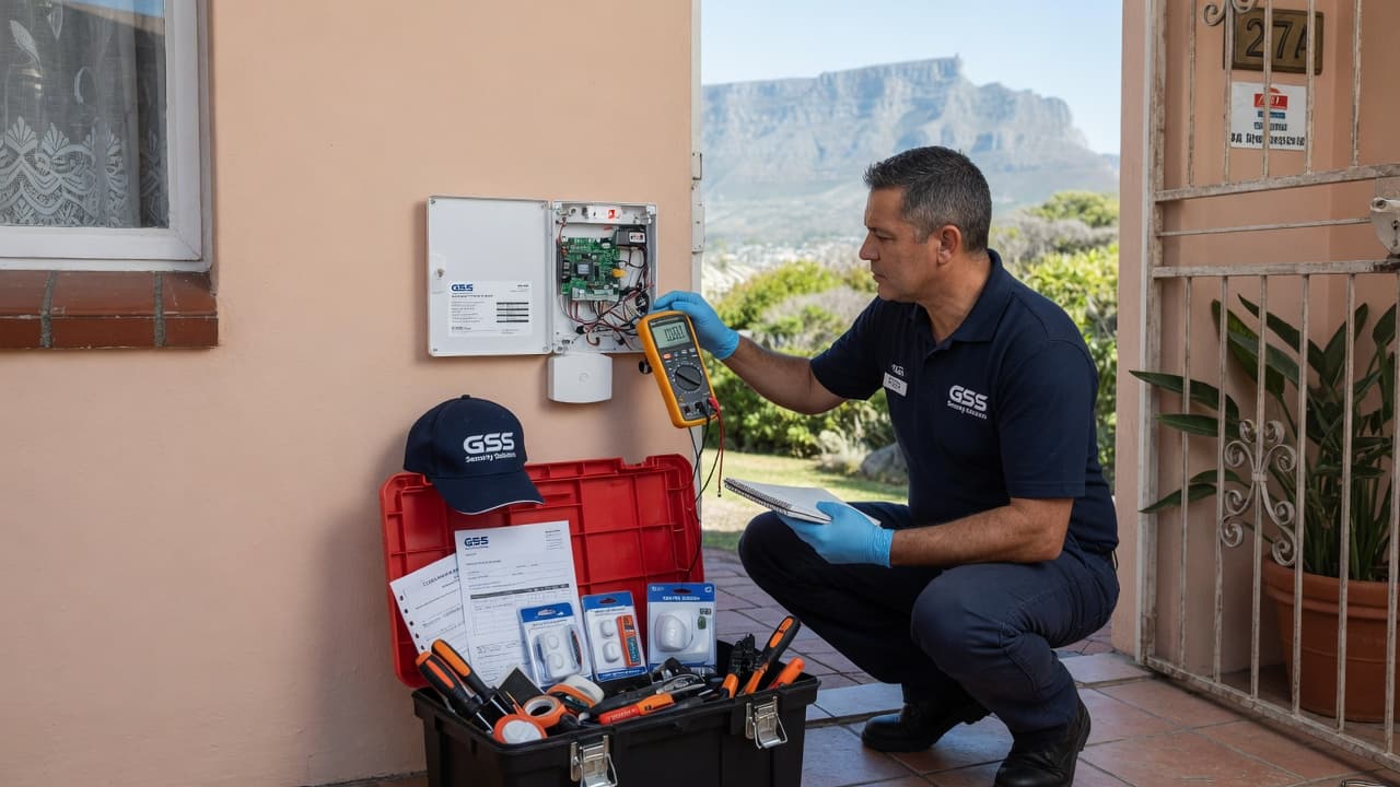 Technician repairing a security system circuit board with professional tools