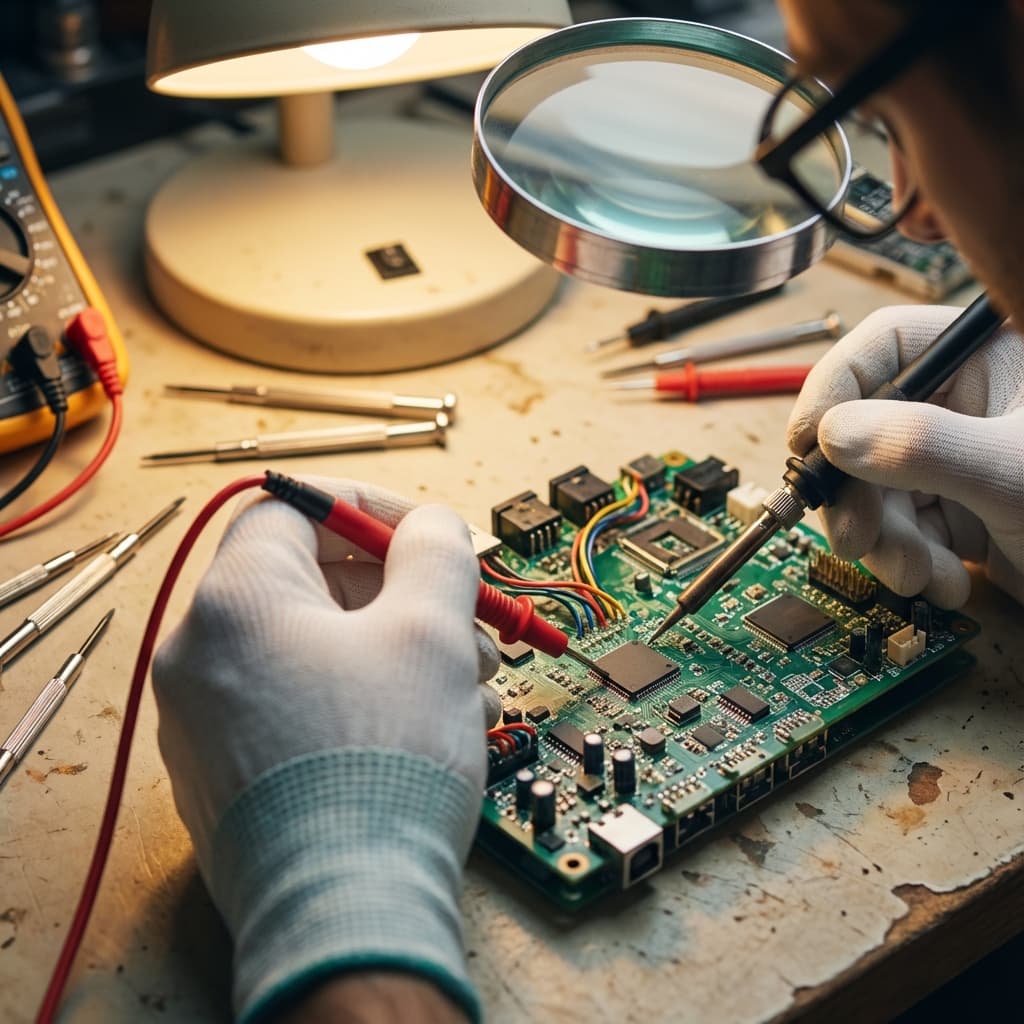 Technician repairing a security system circuit board with professional tools