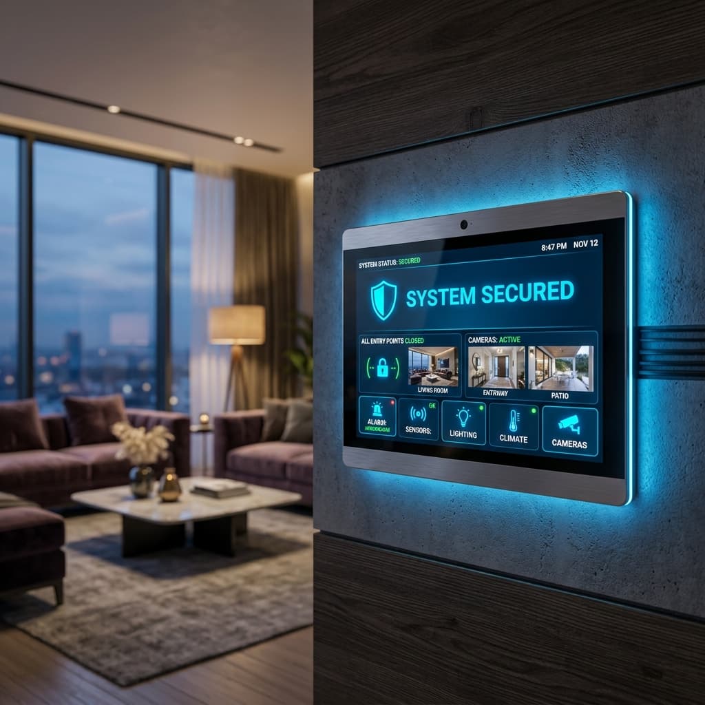 Smart home automation tablet interface controlling security lights and alarm status