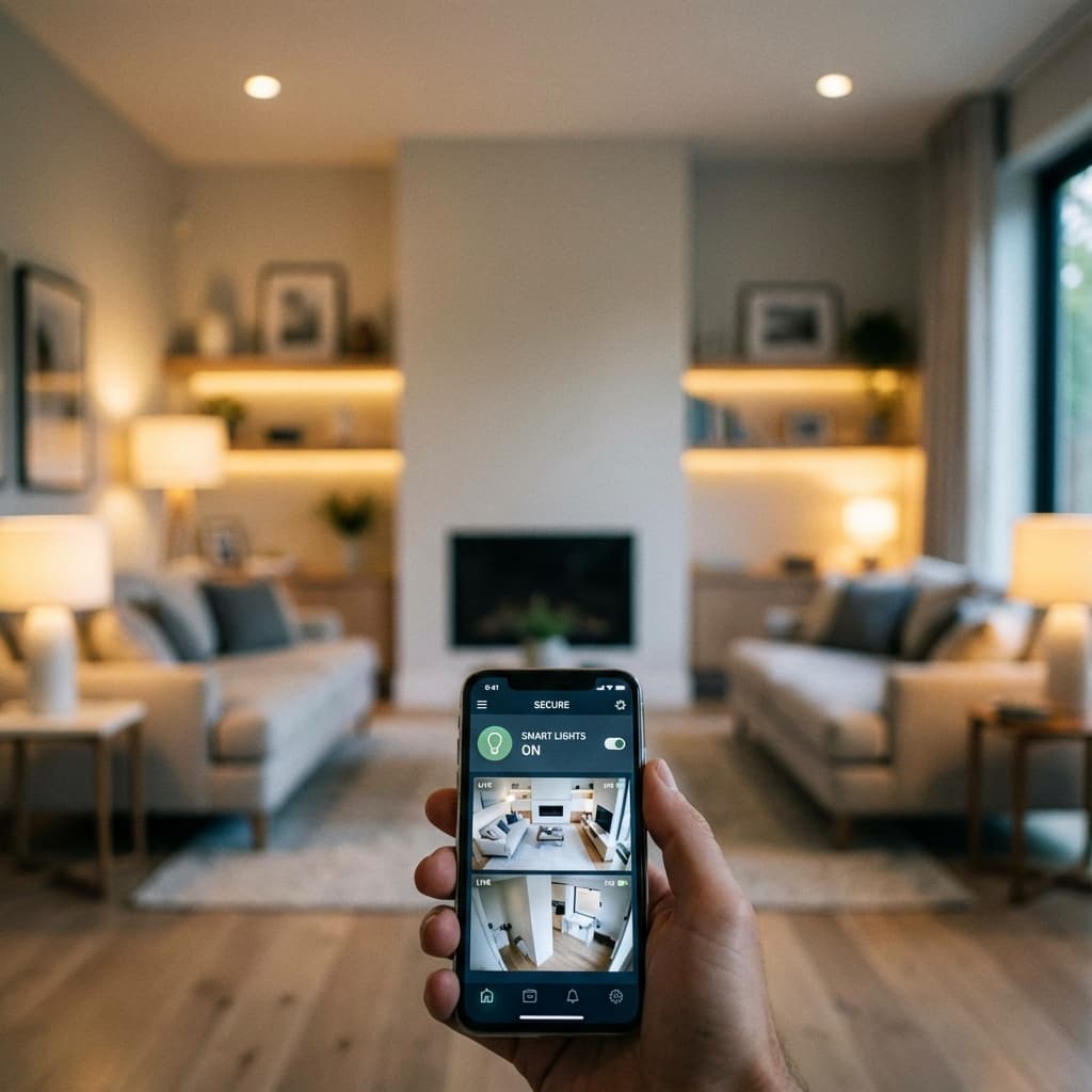 Smart home automation tablet interface controlling security lights and alarm status