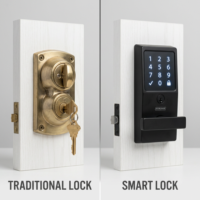 Comparison of a traditional deadbolt and a digital smart lock keypad.