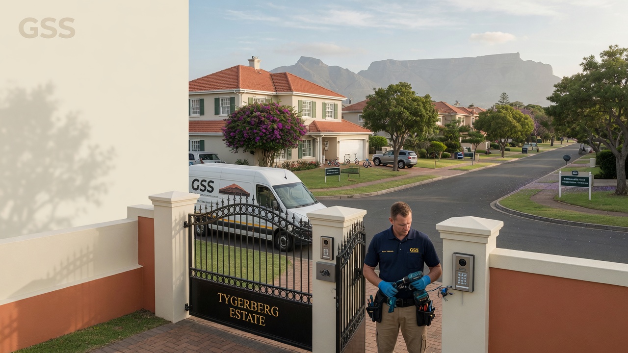 Bothasig residential street with visible alarm siren installed by local security company
