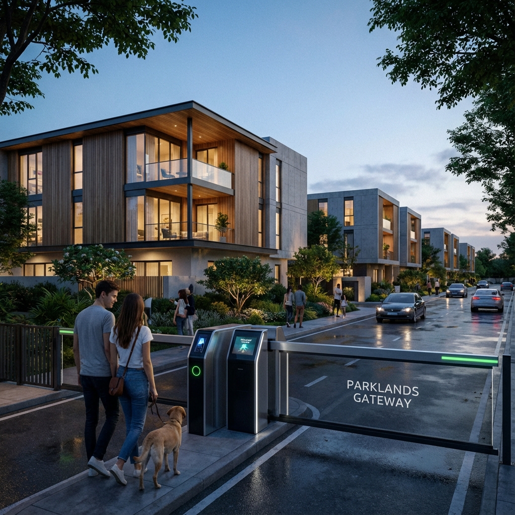Modern Parklands complex with high-tech access control gate and smartphone integration