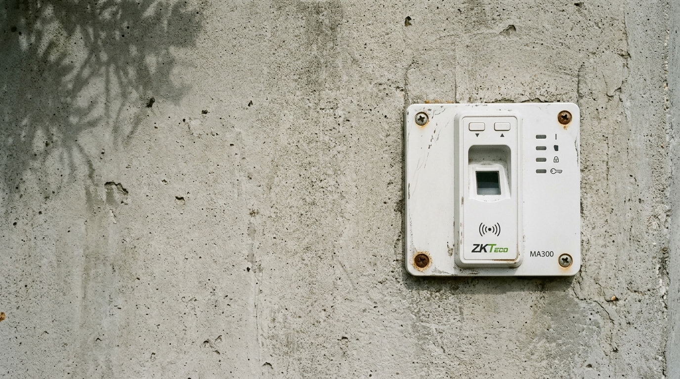 Biometric fingerprint access control reader installed at a secure office entrance